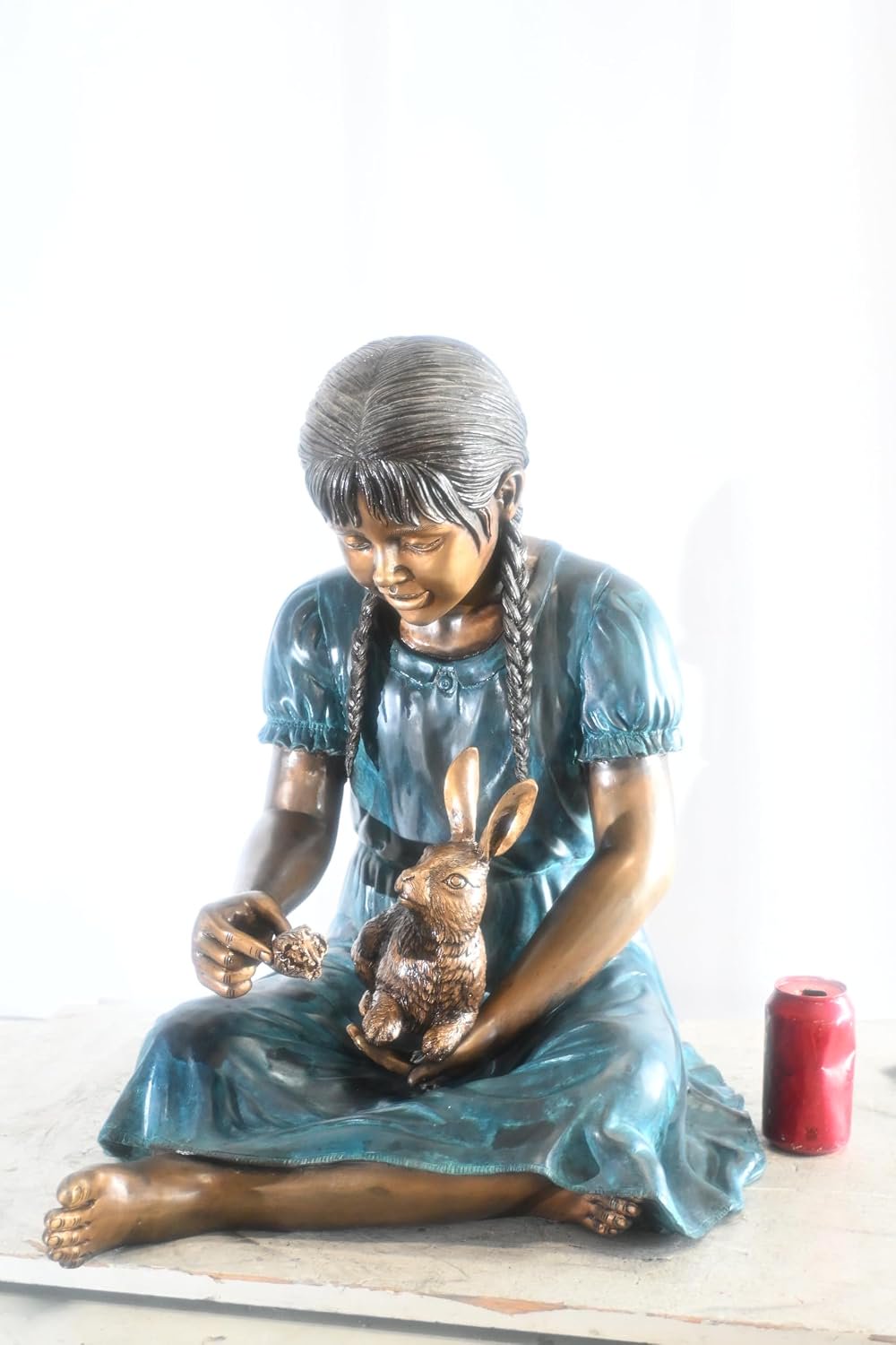 Bronze Braided Girl Feeding Rabbit Blue Patina Sculpture 24"x20"x24"H