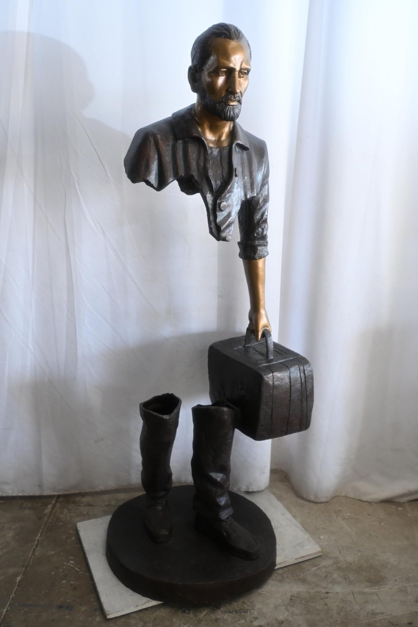 Bronze Salesman Statue with Suitcase Abstract Figurine 24"x27"x71"H