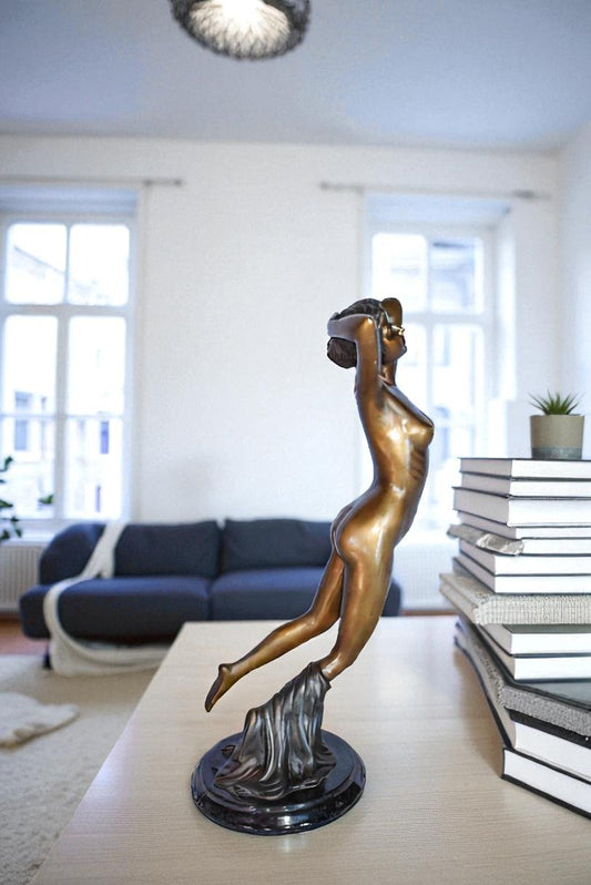 Nude Girl Posing Art Bronze Statue Mounted on Marble Size: 8" x 8" x 16"H