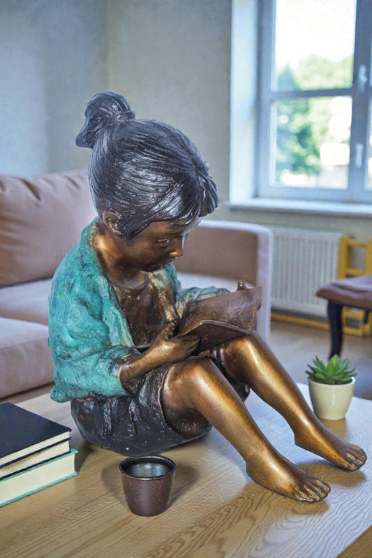Charming Young Girl Sitting and Reading a Book Bronze Statue 11" x 8" x 12"H