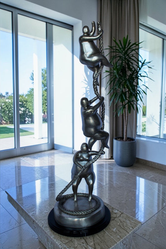 Three Voluptuous Women Climbing a Rope Statue, Silver Finish 12" x 12" x 32"H