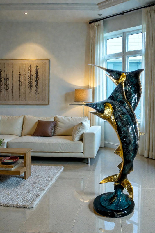 Two Marlin Swordfish Bronze Sculpture Vertical Leap 15"x6"x31"H