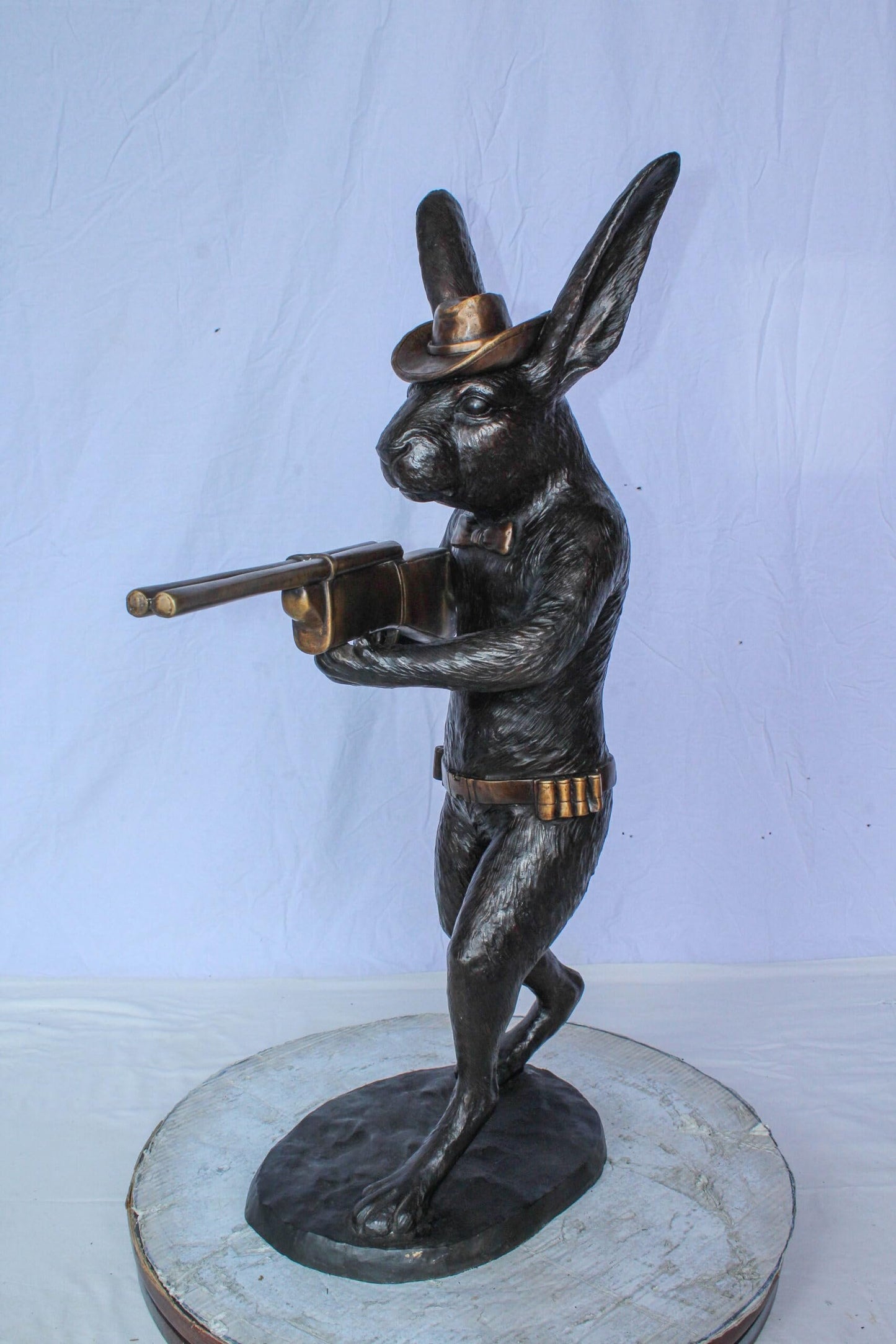 Bronze Statue of Cowboy Rabbit Holding Rifle 22" x 13" x 35"H