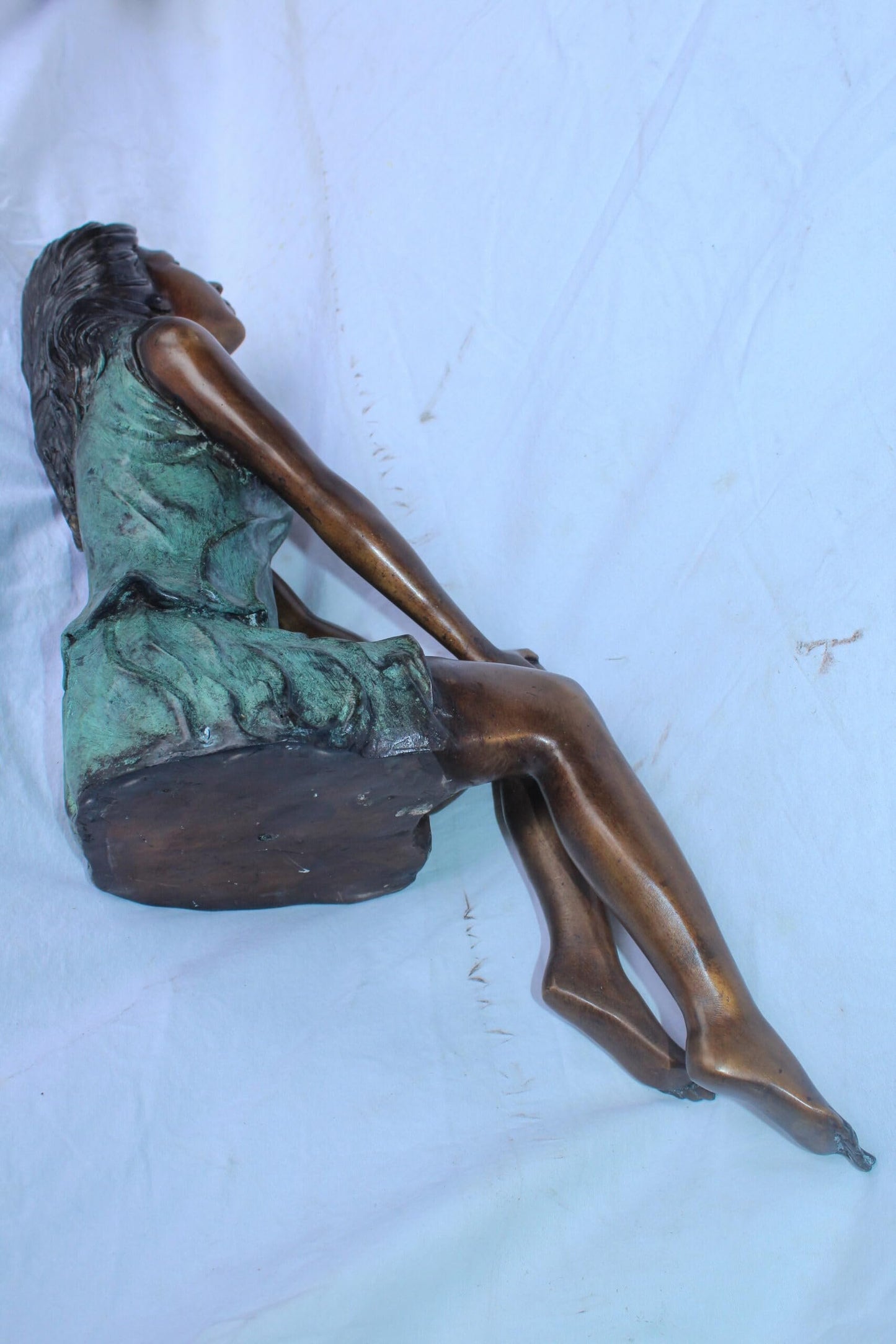 Graceful Young Woman Sitting on the Ledge Bronze Statue 13" x 7" x 23"H