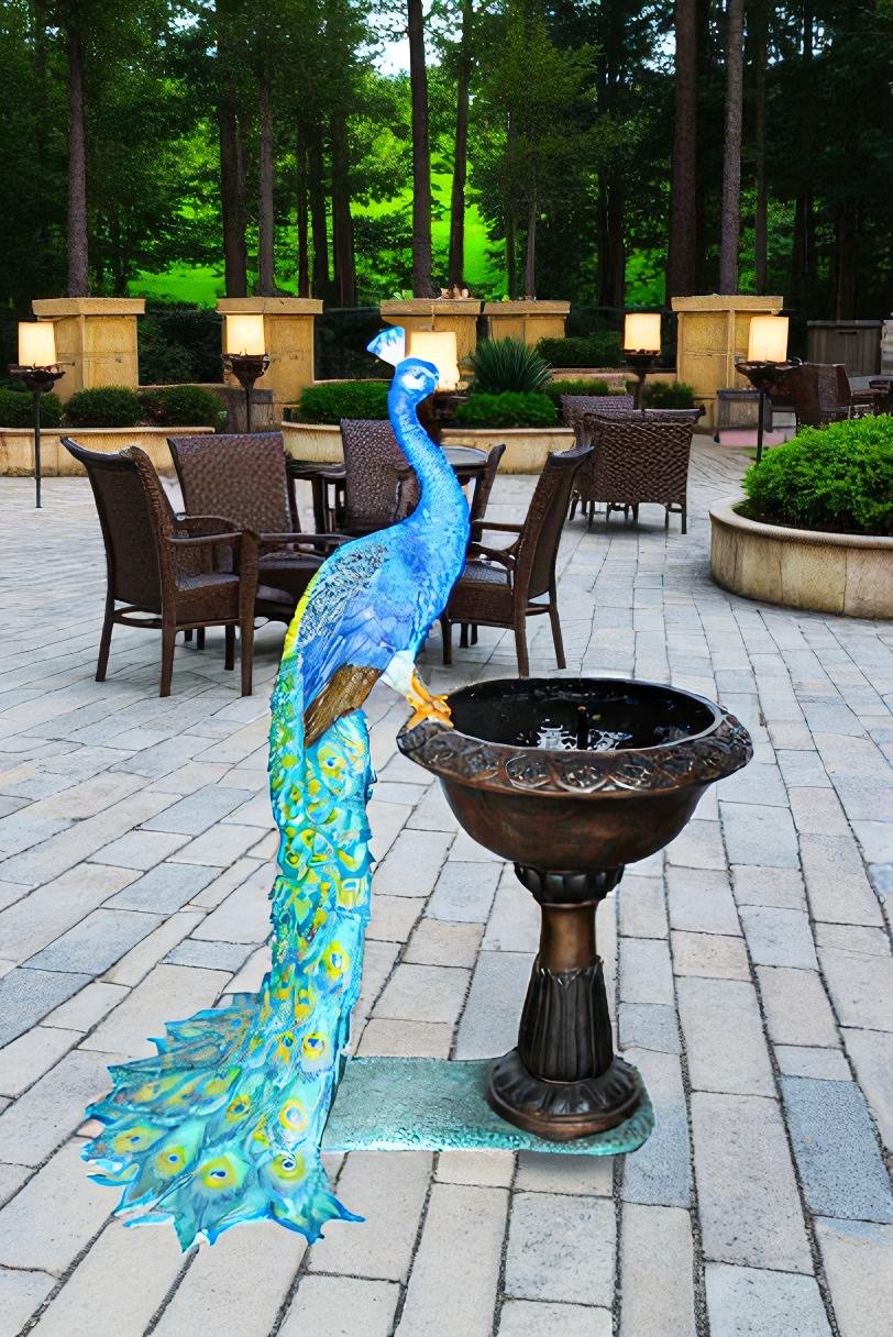 Bronze Peacock Fountain Sculpture with Decorative Bowl