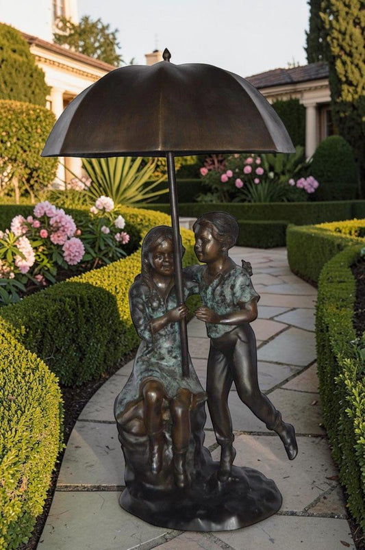 Kids Playing under Umbrella Bronze Fountain - Size: 20"L x 20"W x 37"H.