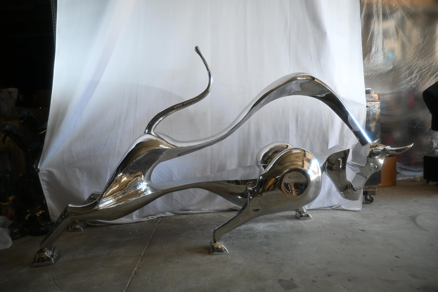 Giant Abstract Stainless Steel Charging Bull Floor Sculpture 105"x36"x58"H