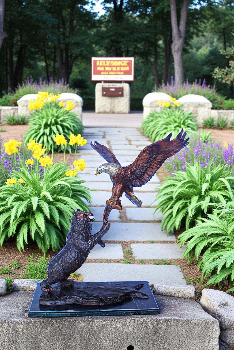 Bronze Statue of an Eagle and Bear Fighting for Fish Prey  24" x 9" x 28"H