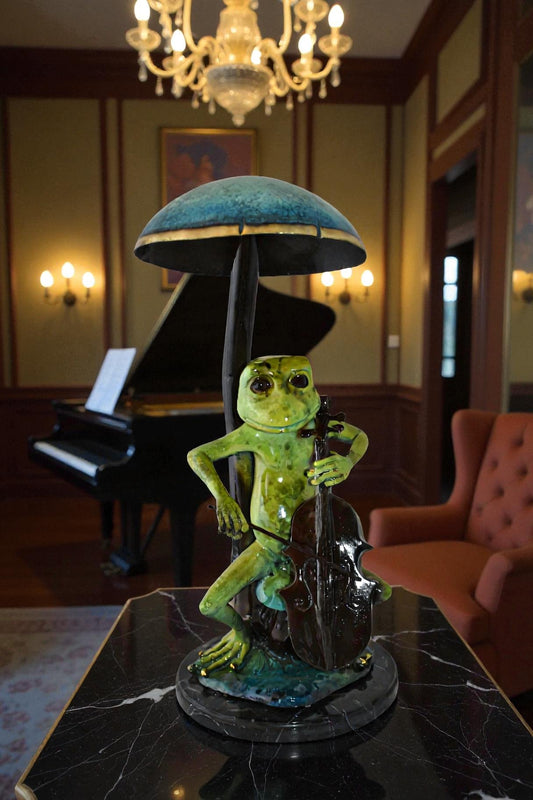 Frog Playing Cello colored Bronze Statue Size: 12" x 11" x 24"H