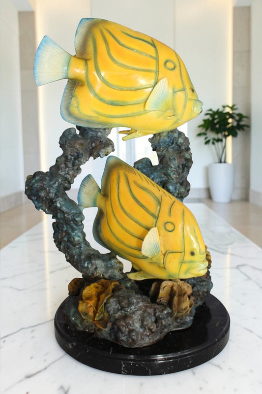 Two Butterfly fish swimming bronze statue - Size: 12"L x 12"W x 24"H.