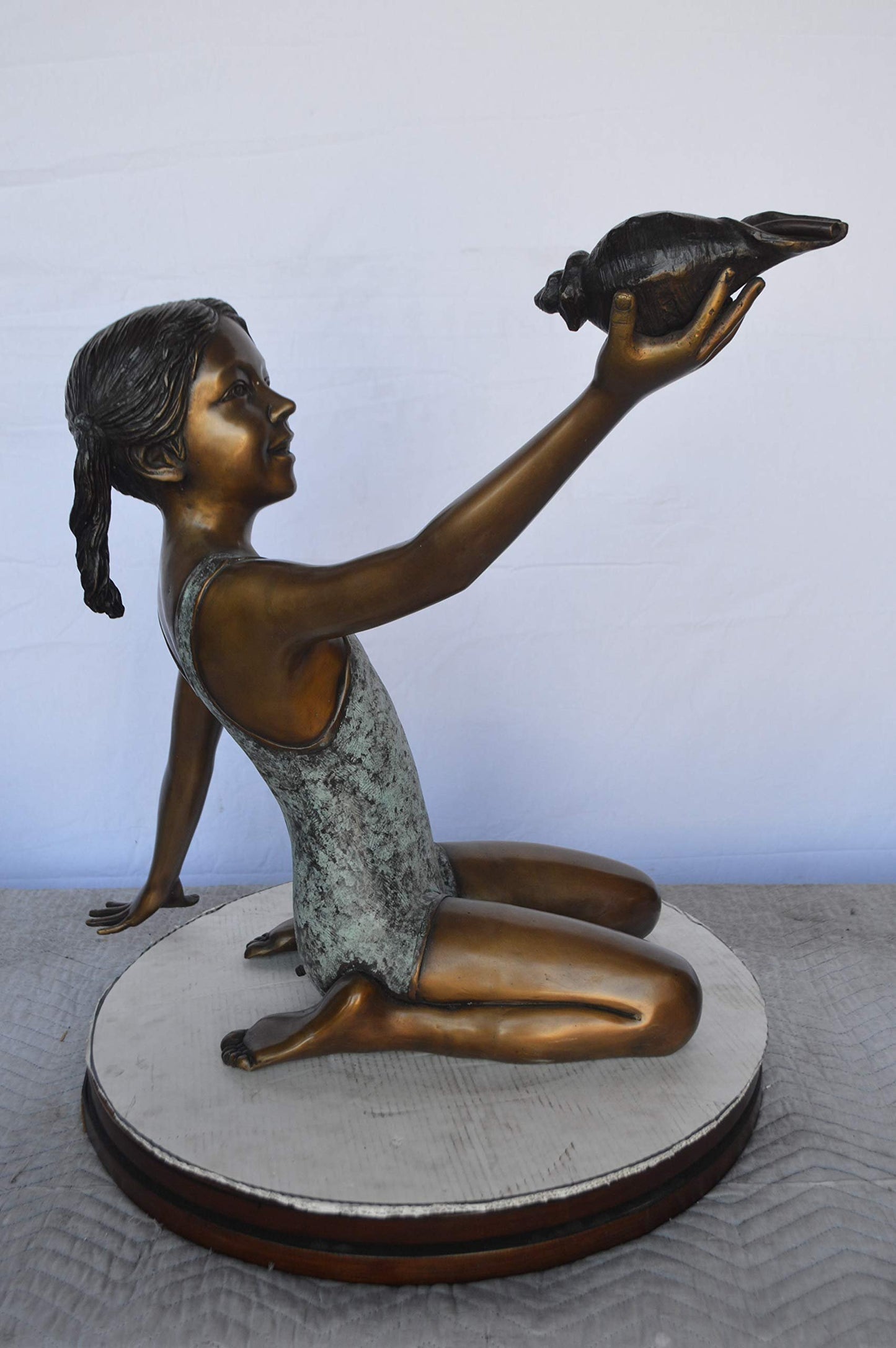 Sitting Girl Holding Shell Bronze Statue Fountain - Size: 32"L x 22"W x 25"H.