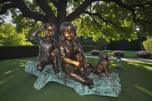 Young children and dog on a log bronze statue - Size: 40"L x 16"W x 24"H.