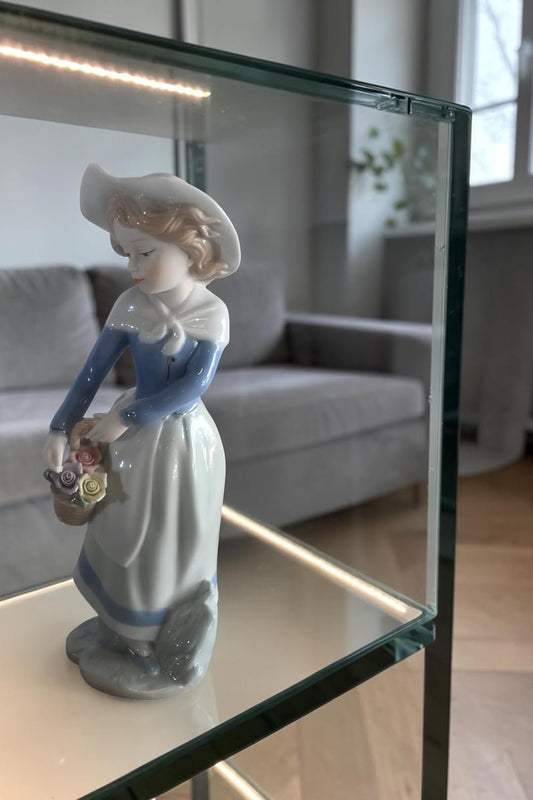 Porcelain Girl Carrying Flower Basket Blue Jacket Statue 6"x5"x12"H