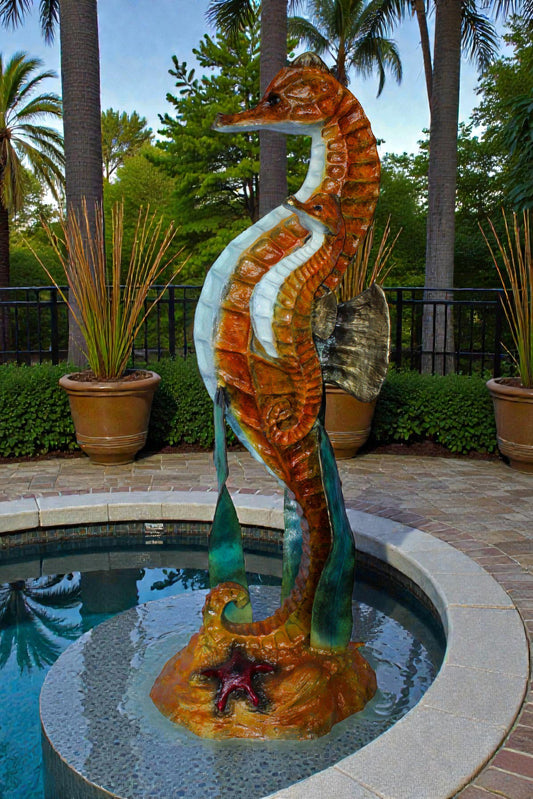 Large Bronze Seahorse and Baby Ocean Fountain Sculpture 26" x 22" x 66"H
