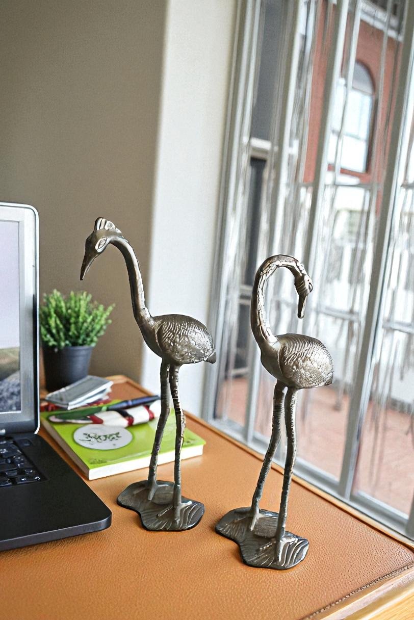 Art Deco Silver Flamingo Pair, Aluminum Decor Set 10" x 7" x 19"H