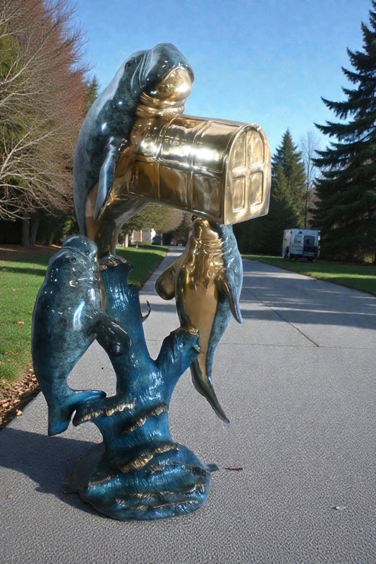 Bronze Manatee Mailbox Sculpture with Three Sea Cows 27"x27"x55"H