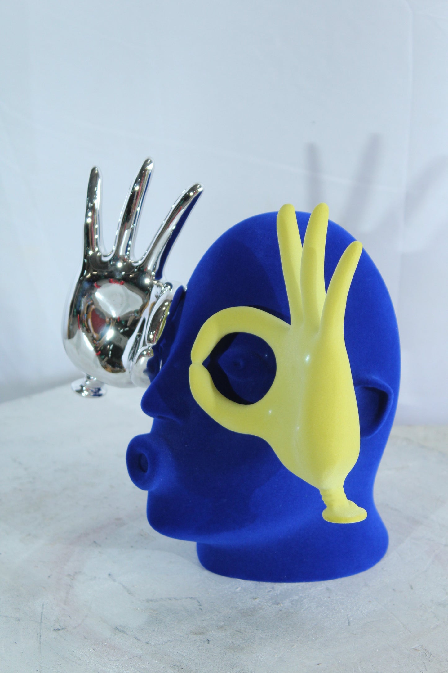 NIFAO Resin Blue Velvet Head Statue with Yellow and Silver Hand Design 12" x 8" x 12"H
