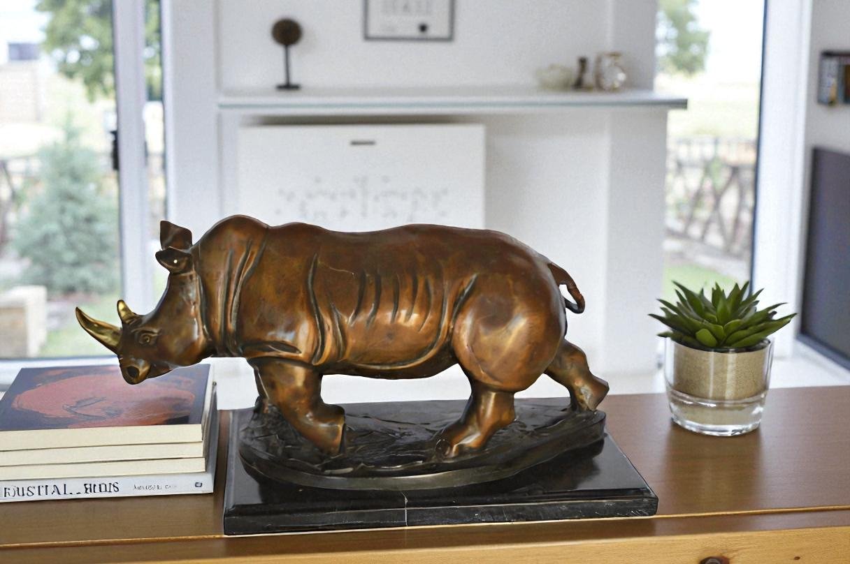 Rhino Bronze Statue Mounted on a Marble Base - Size: 21"L x 9"W x 10"H.