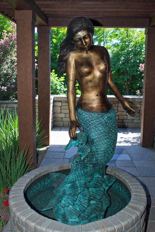 Nude Art Bronze Mermaid Fountain with Fish and Patina Finish 23" x 14" x 39"H