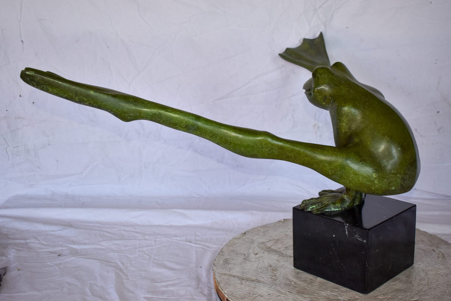 Acrobatic Frog Green Patina Bronze Statue Mounted on A Marble  43" x 26" x 20"H