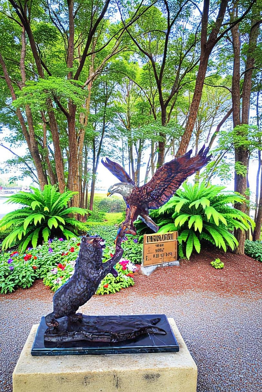 Bronze Statue of an Eagle and Bear Fighting for Fish Prey  24" x 9" x 28"H