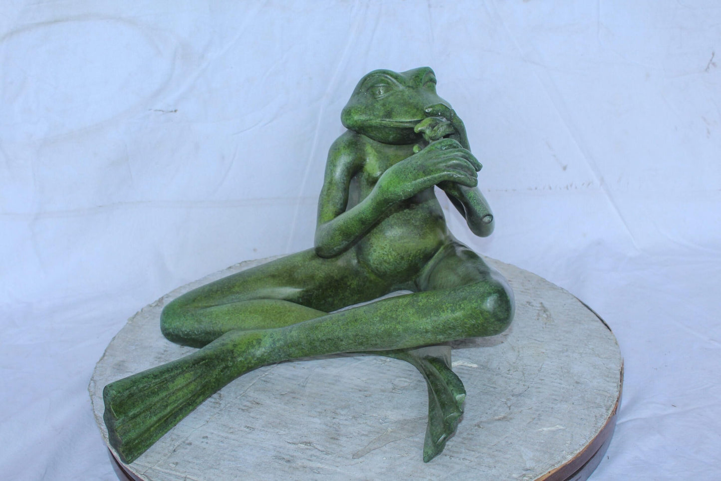 Musical Frog Playing Flute Bronze Statue with Green Patina 20" x 18" x 12"H
