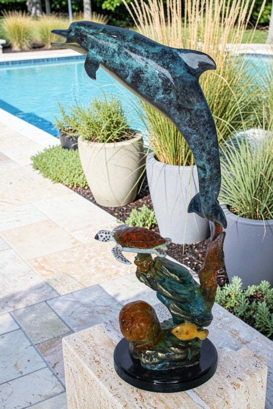 Nifao Bronze Dolphin with Sea Turtle & Coral Reef Sculpture – Handcrafted Lost Wax Cast, Patina & Polished Ocean Scene Statue –Coastal Marine Life Decor Accent for Home 8" x 13" x 25"H