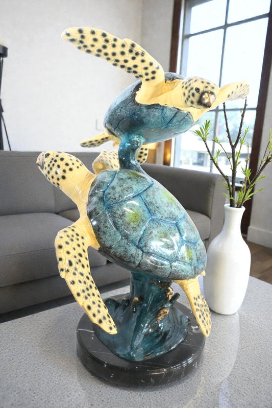 Two Sea Turtles Bronze Sculpture Vertical Swimming 23"x16"x28"H