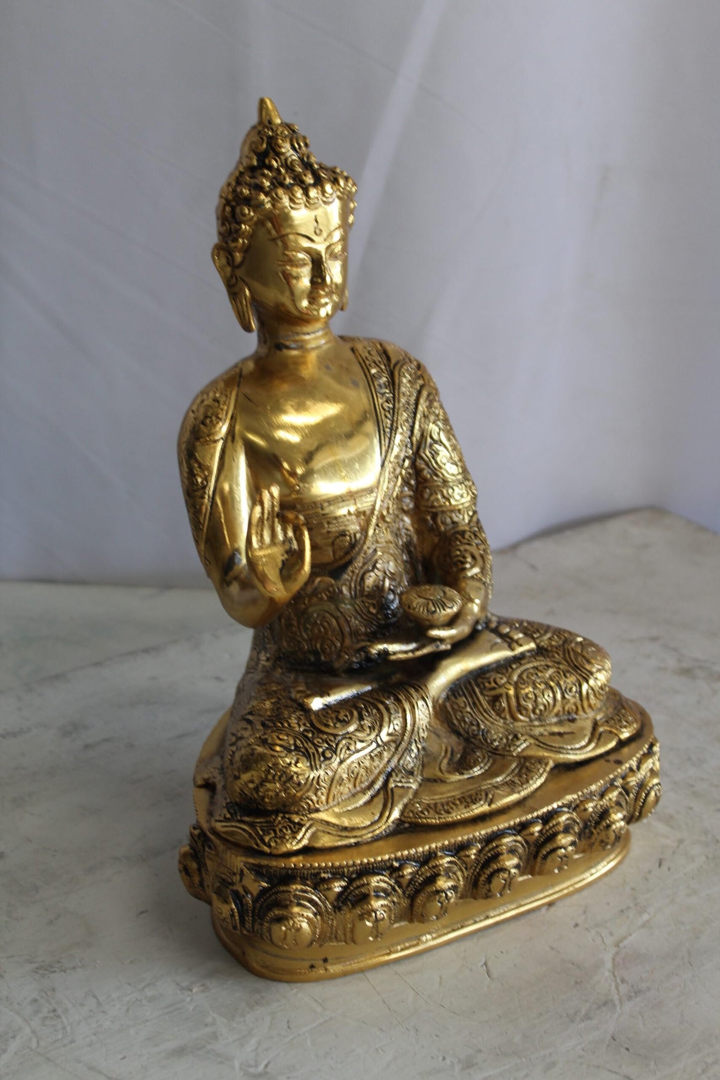 Tibetan Buddha Aluminum Sculpture in Radiant Gold Finish 10" x 7" x 14"H