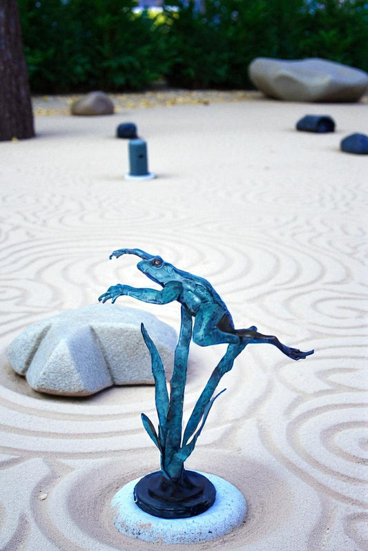 Frog Leaping Over Grass Bronze Statue 23" x 11" x 24"H