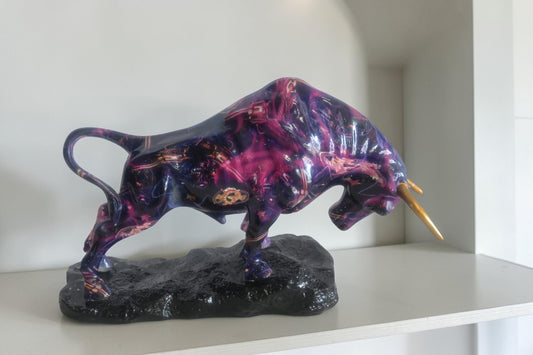 Resin Charging Bull Sculpture Purple Galaxy Finish Gold Horns 14"x4"x9"H