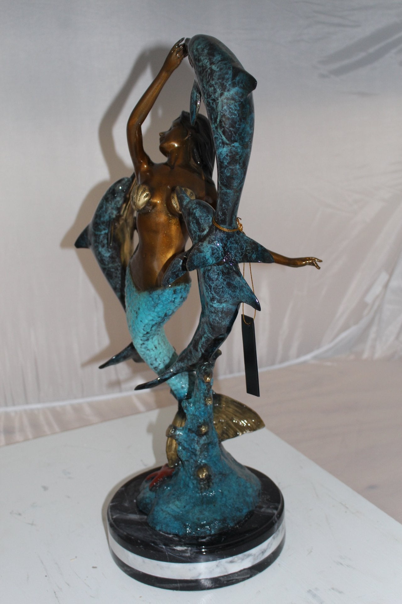 Mermaid with 3 dolphins Bronze Statue - Size: 16"L x 10"W x 25"H.