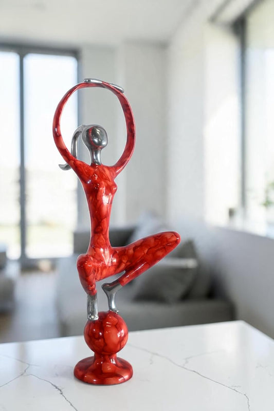 Abstract Red Dancer Balancing on Sphere Painted Aluminum 12"x8"x25"H