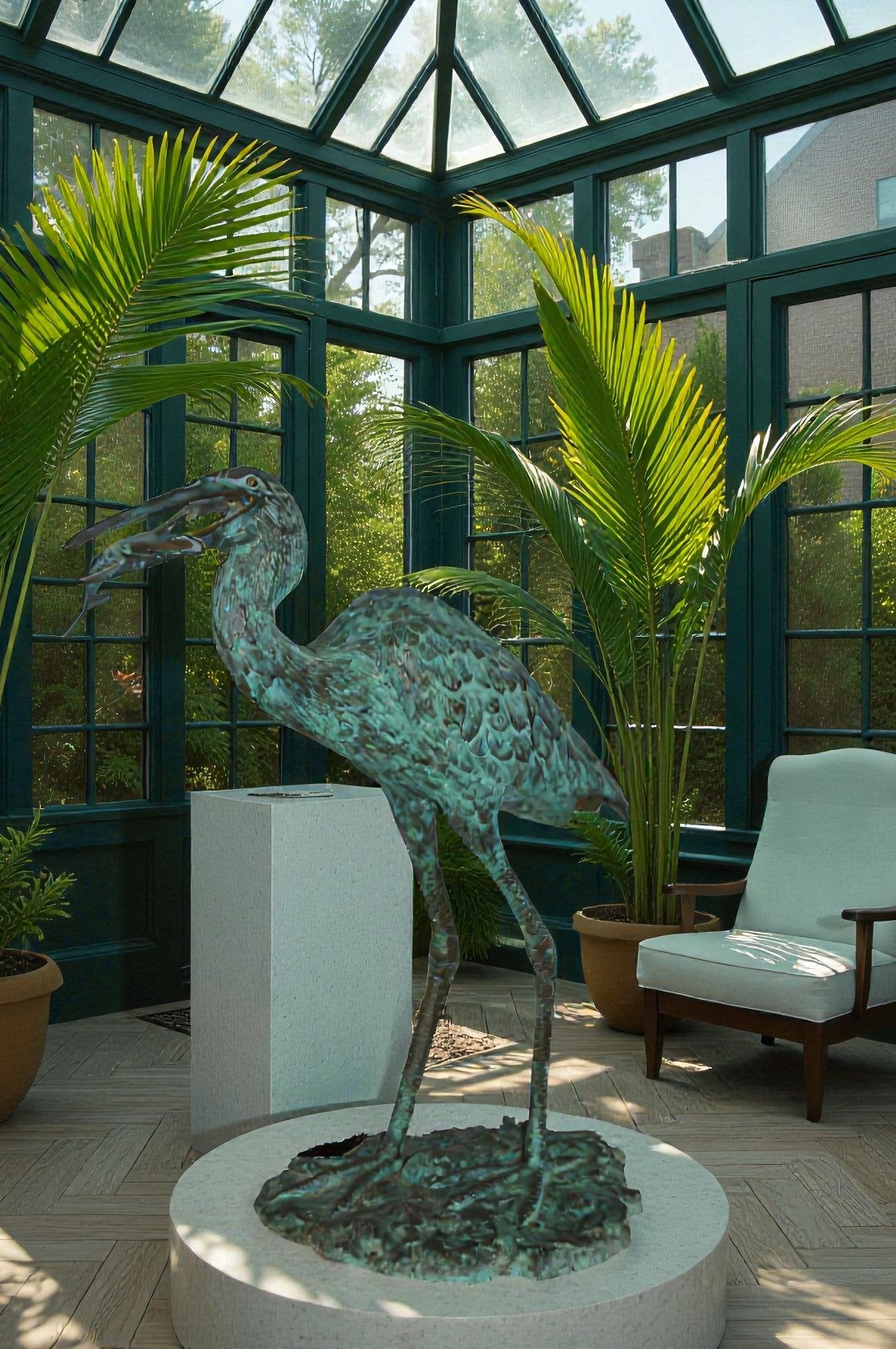 Heron Fountain with Prey Bronze Statue - Size: 14"L x 24"W x 26"H.