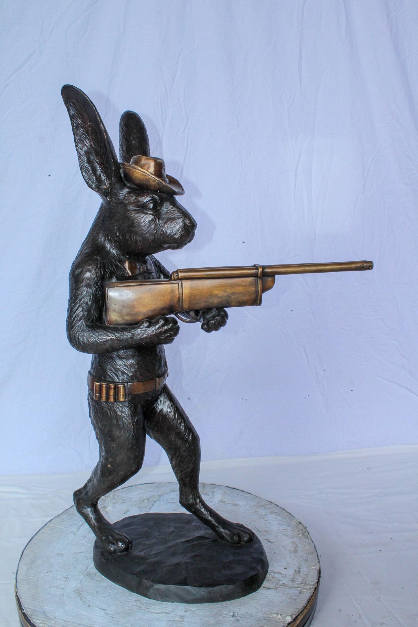 Bronze Statue of Cowboy Rabbit Holding Rifle 22" x 13" x 35"H