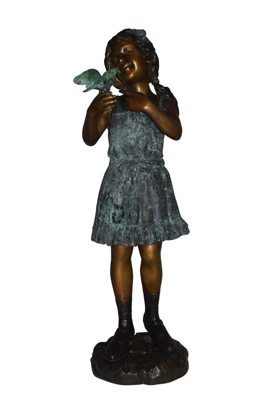 Girl Holding a Bird Bronze Statue -  Size: 12"L x 12"W x 34"H
