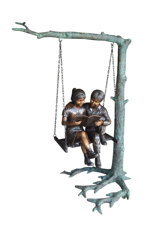 NIFAO Kids on Swing Set Reading a Book Bronze Statue – Rhian Handcrafted Sculpture with Joyful Detail for Gardens, Lawns, or Playful Outdoor Spaces – 50" L x 40" W x 70" H