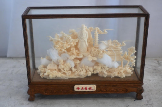Carved Resin Chinese Scholar Landscape in Wood Case 12"x4"x9"H