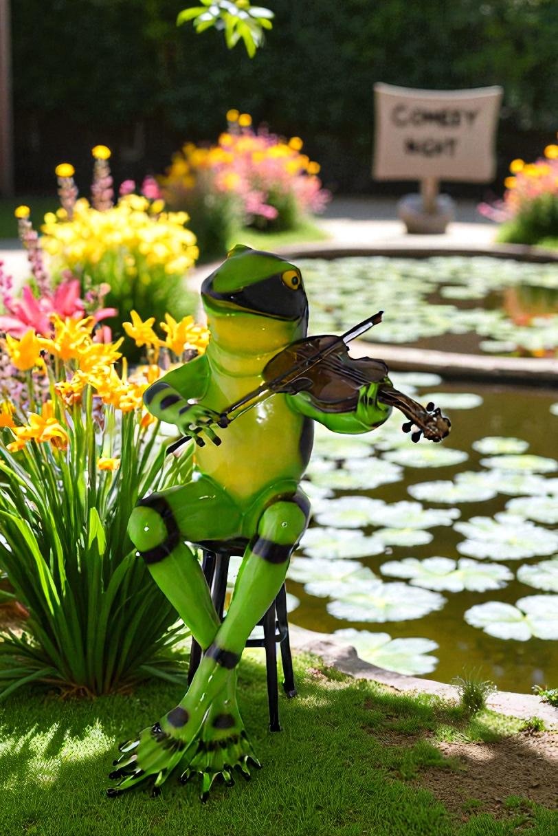 Comedic Green Frog bronze statue - Size: 25"L x 20"W x 30"H.