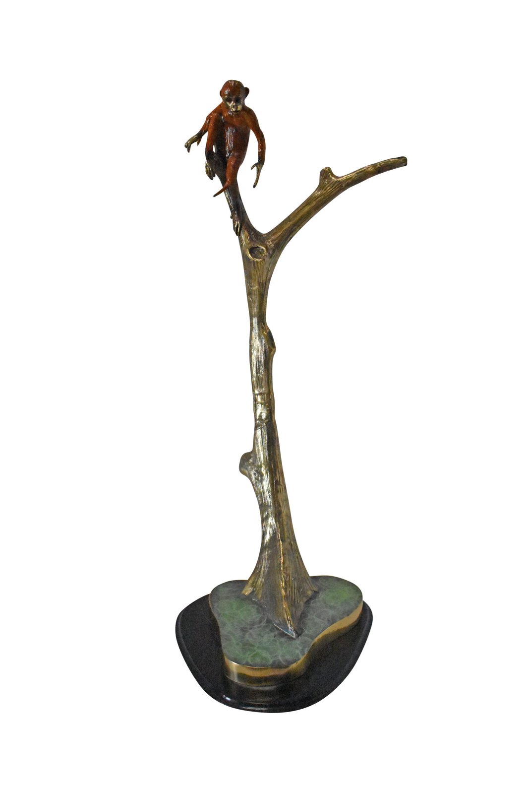 Colored Monkey Resting on a Tree Bronze Statue - Size: 12"L x 13"W x 27"H.