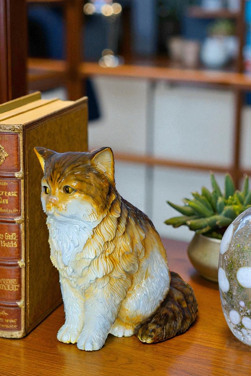 Brown Cat Sitting Bronze Statue, Charming for Cat Lovers 12" x 10" x 14"H