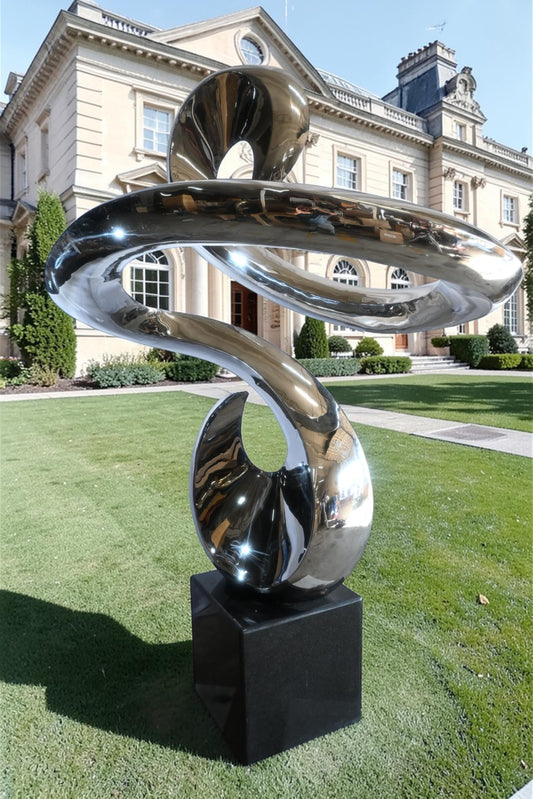 Large Abstract Spiral Flow Stainless Steel Sculpture Marble 66"x45"x98"H