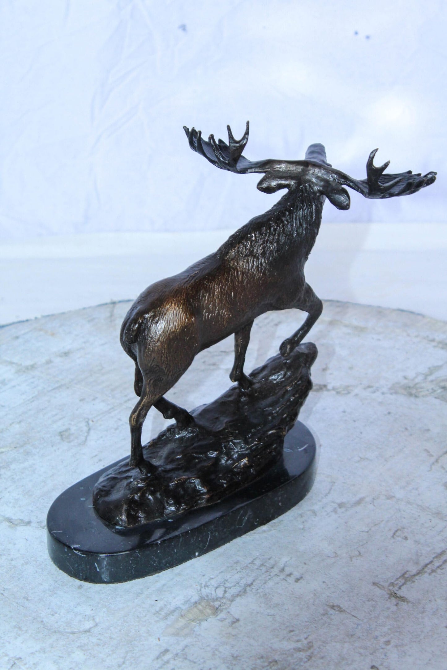 Bronze Moose Statue on Marble Base with Antlers Raised 10" x 6" x 9"H