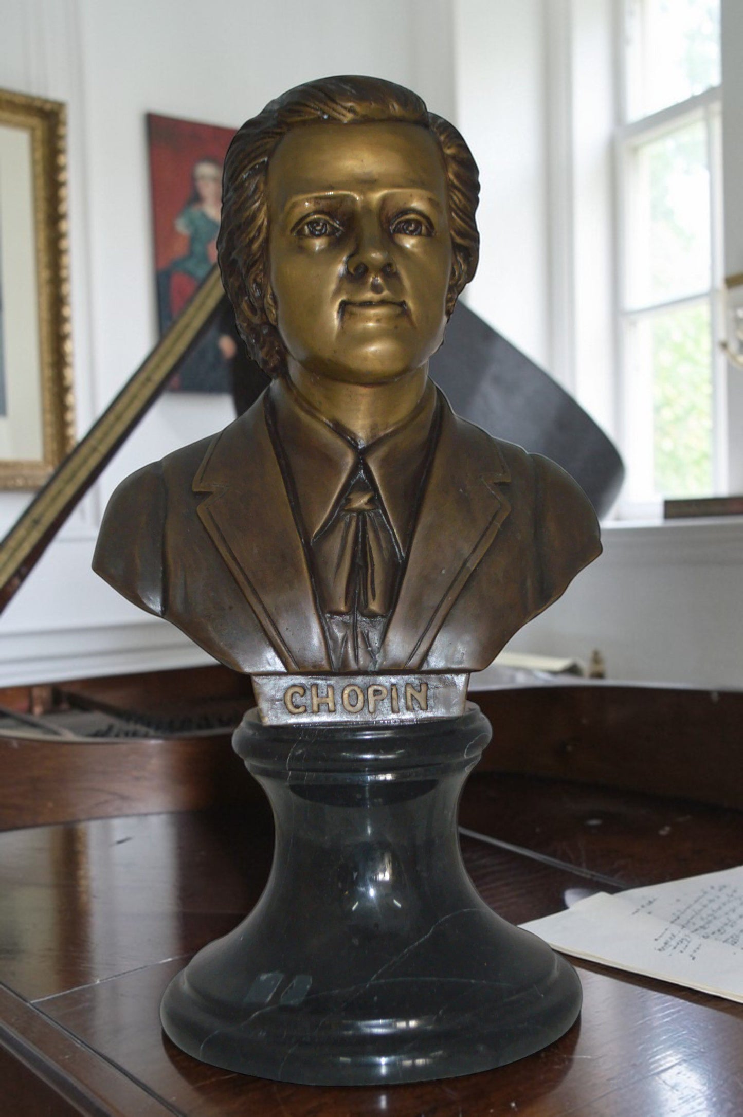 Frederic Francois Chopin Bust Bronze Statue - Size: 12"L x 8"W x 21"H.