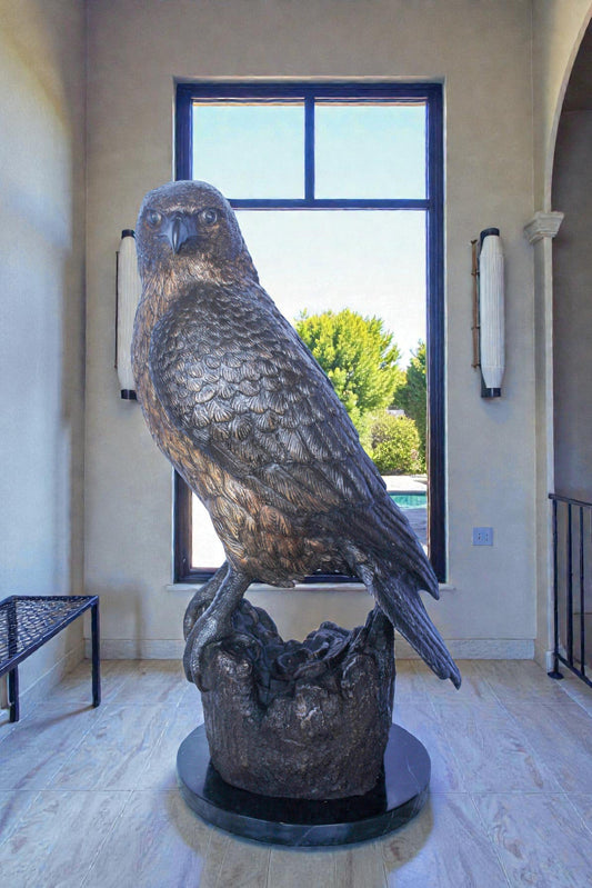 Hawk Bronze Statue Standing on Tree Stump with Marble Base 12" x 15" x 29"H