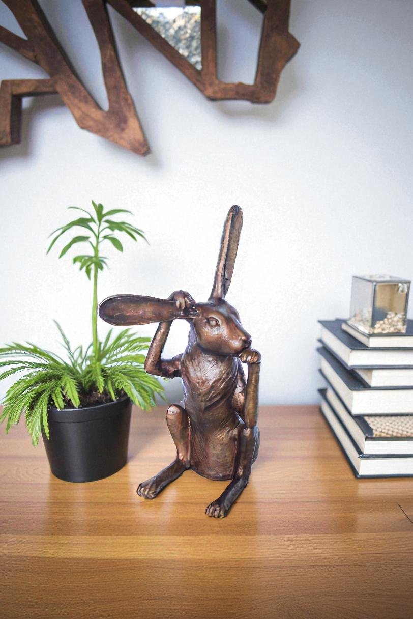 Pondering Bunny Rabbit Bronze Statue, Charming Home Decor 8" x 14" x 22"H