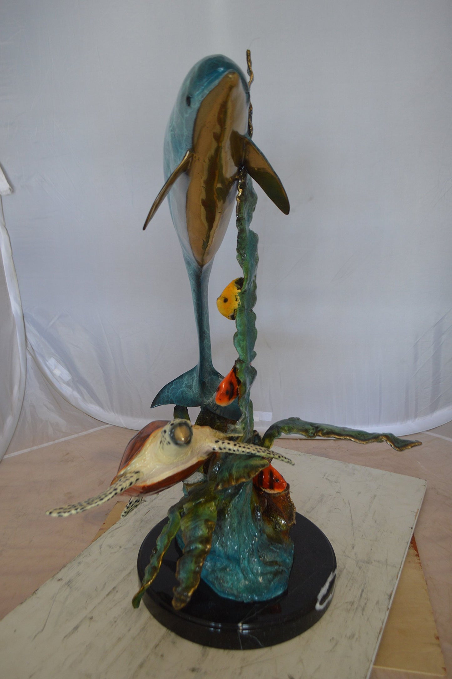 Dolphin , Turtle And Fish Bronze Statue - Size: 18"L x 16"W x 25"H.