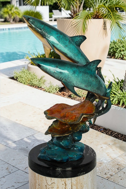 Nifao Bronze Shark Sculpture – Two Sharks Swimming Above Coral Reef – Handcrafted Lost Wax Cast Bronze with Patina Finish on Black Marble Base and Gift 11" x 16" x 23"H