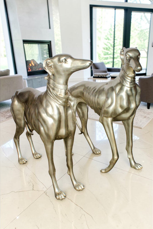 Pair of Greyhound Dogs Bronze Statues, Silver Plated Finish 48" x 12" x 40"H