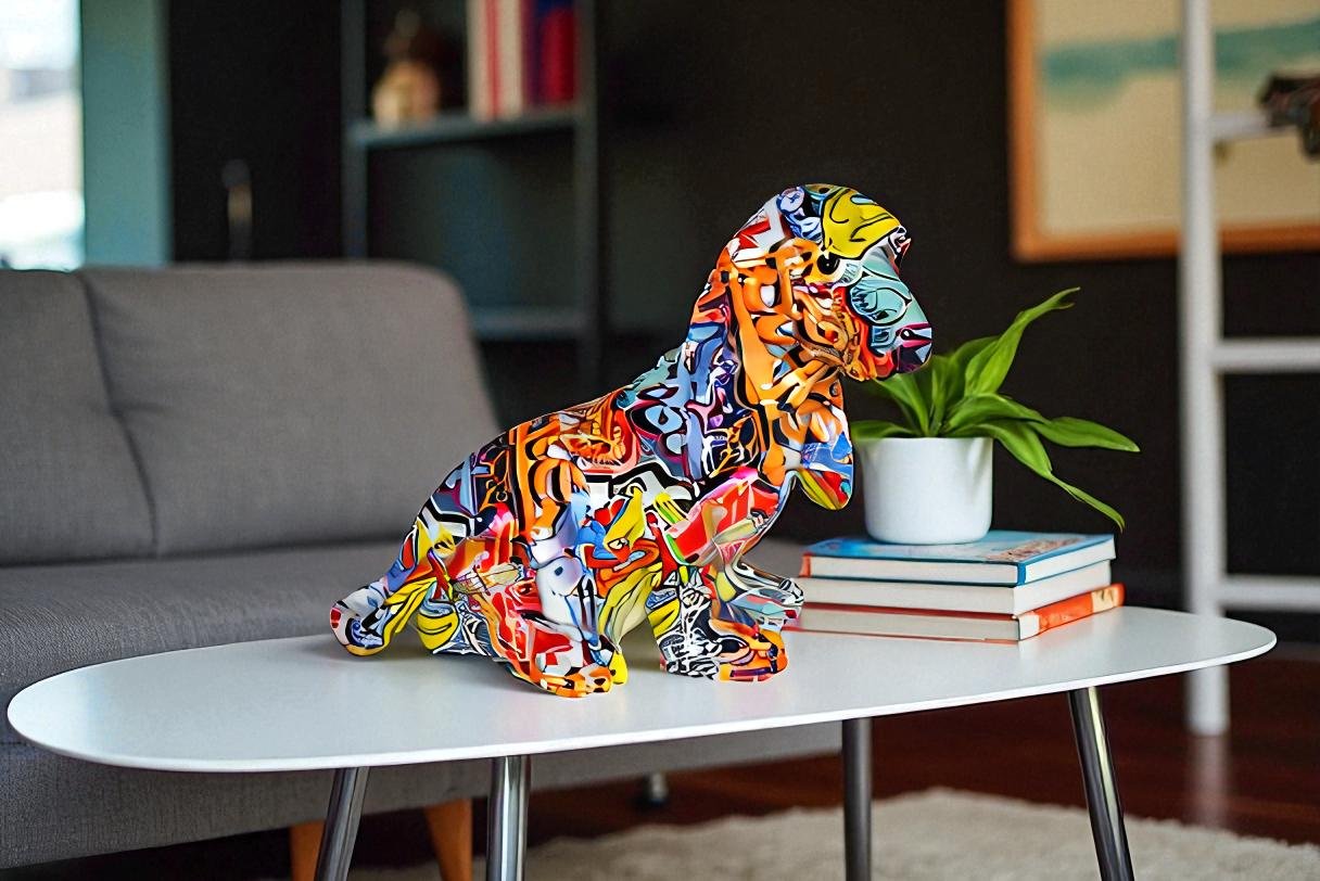 Modern Graffiti Basset Hound Dog Statue Made of Resin Size: 16" x 8" x 13"H
